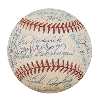 Hall of Famers Multi Signed ONL Feeney Baseball With 31 Signatures Including Joe DiMaggio, Dizzy Dean, Joe Medwick, Lefty Grove, Bill Dickey, Hank Aaron, Red Ruffing and Willie Mays (JSA)